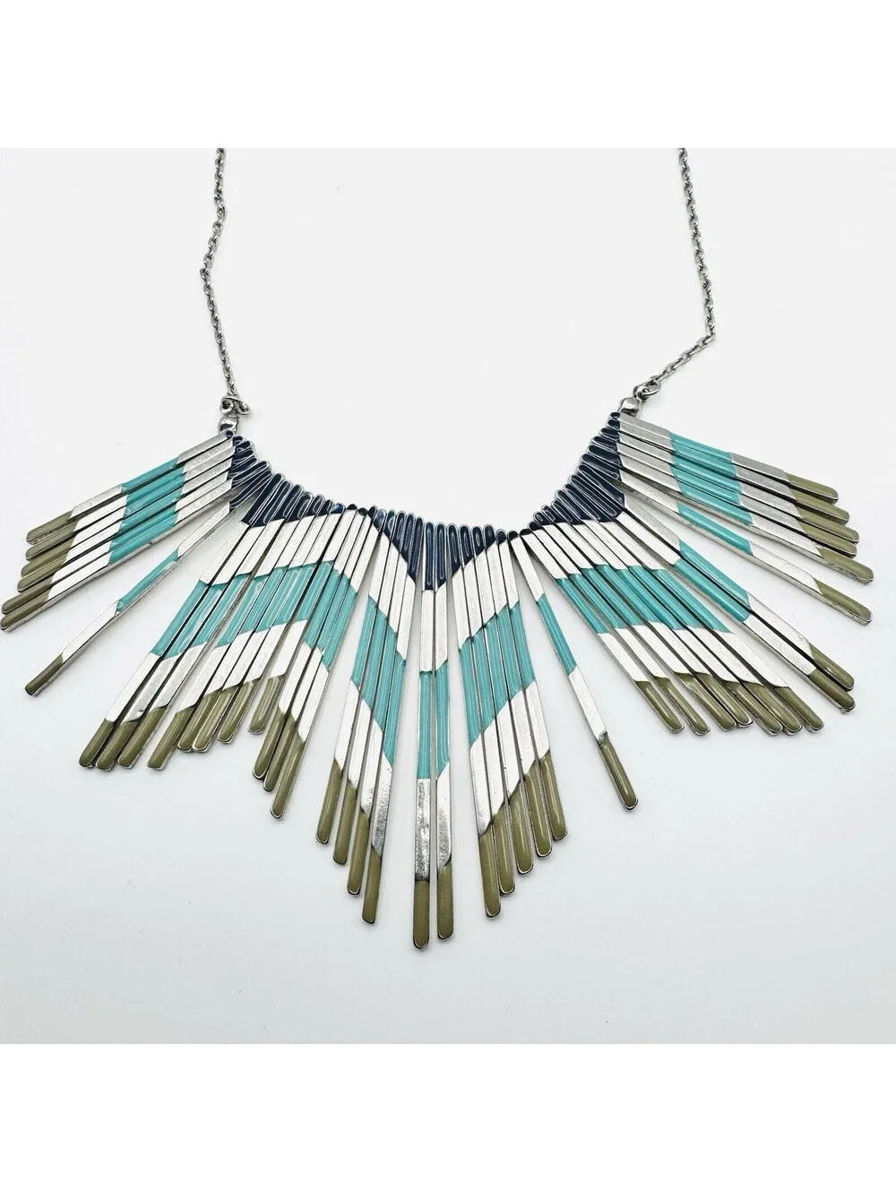 Retro Boho/Tribal Statement Necklace, Metal Fringe, Silver Tone